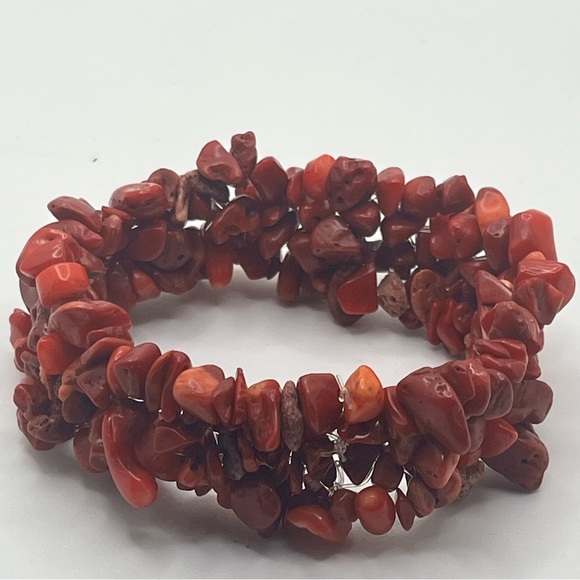 vintage chunky red coral chip stretch bracelet natural stone boho - Picture 2 of 8